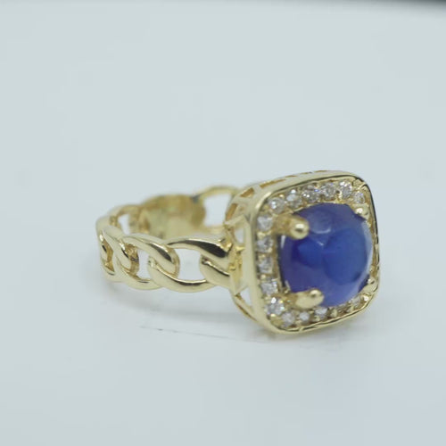 14KT Gold Ring Women's Navy Blue Round Center CZ Stone Square White Round CZ Stones Border Cuban Link Band