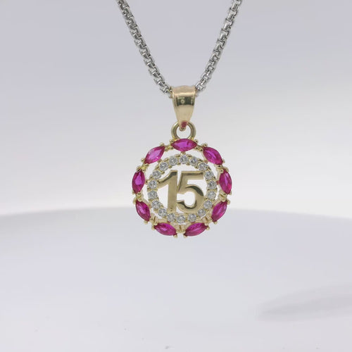 14KT Gold Charm Medium Round Quinceanera "15" Center with White CZ Stones Outline and Dark Pink Marquise Border and Plain Bell