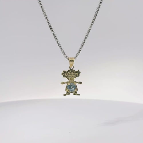 14KT Gold Charm Girl with Light Blue CZ Stone Belly and Plain Bell