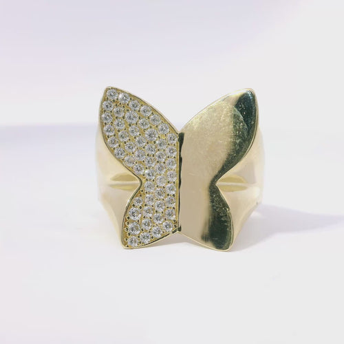14KT Gold Ring Women's Butterfly with Left Wing White CZ Stones and Right Wing Plain