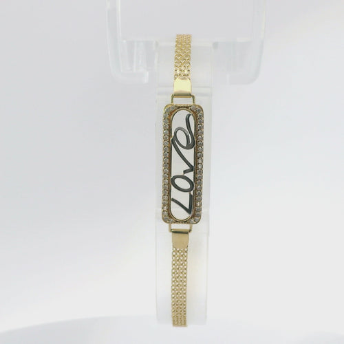 14KT Gold Bracelet Women's Single Charm Two Tone Rectangle "Love" Plaque with White CZ Stones Border and White CZ Stone End Bizmark Link Lobster Clasp