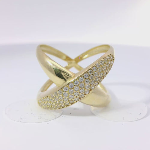 14KT Gold Ring Women's Puff "X" Center with One White CZ Stones Leg and Plain Split Band
