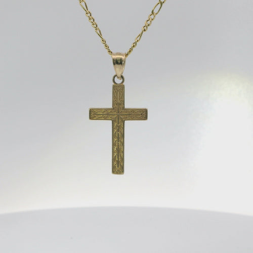 14KT Gold Charm Small Wavy Line Center Cross with Plain Bell