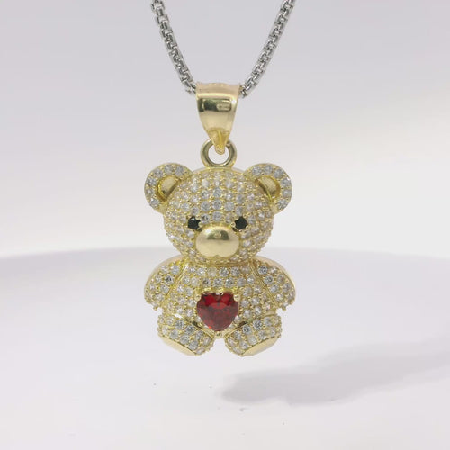 14KT Gold Charm Extra Large White CZ Stones Teddy Bear with Red Heart Belly and Plain Bell