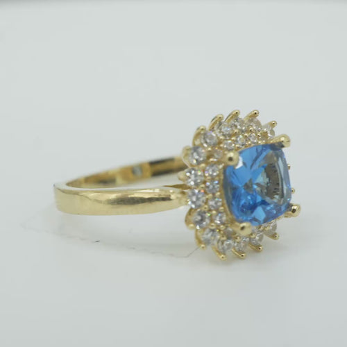 14KT Gold Ring Women's Square Turquoise Center CZ with Round Double CZ Border Plain Band