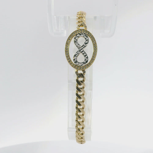 14KT Gold Bracelet Women's Single Charm Diamond Cut White Gold Infinity Loop with Oval White Gold CZ Stones Border and White CZ Stone End Cuban Link Lobster Clasp Band
