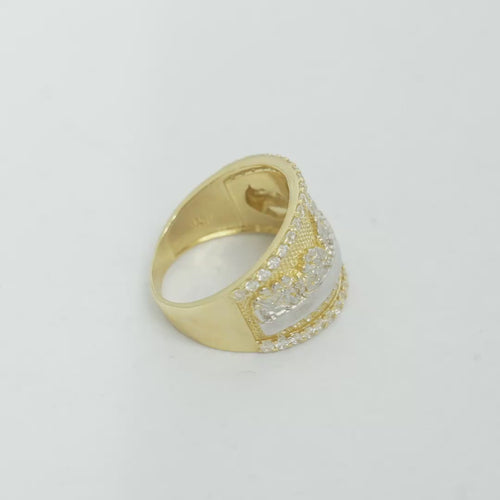 14KT Gold Ring Men's Two Tone Last Supper White CZ Stones Single Row Upper/Lower Border