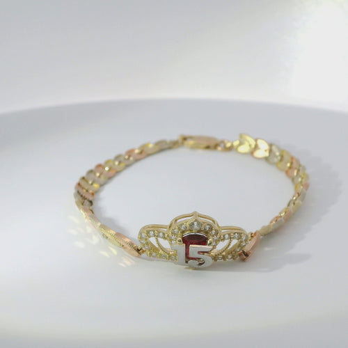 14KT Gold Bracelet Women's "15" Quinceanera Tiara Dark Pink Pear Center CZ Stone with White CZ Stones Border and Tri Tone Leaf Band 5mm