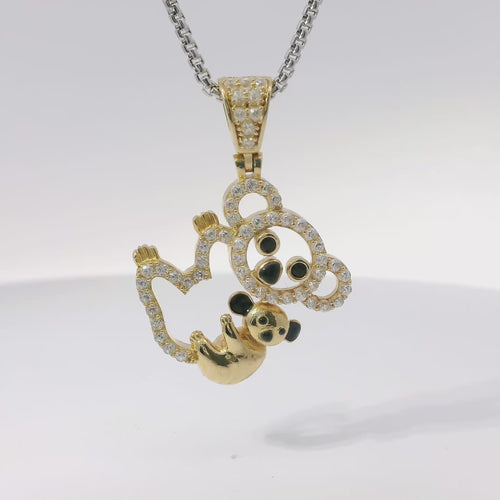 14KT Gold Charm Medium White CZ Stones Koala Bear Outline with Plain Baby, Black CZ Stones Eyes, Enamel Noses, and White CZ Stones Bell