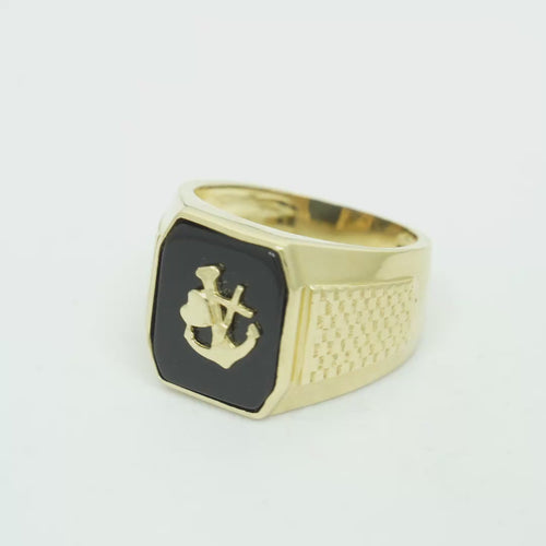 14KT Gold Ring Men's Jumbo Square Octagon Anchor/Heart/ Cross on Onyx Background with Plain Border Side Design Mock Watch Jubilee Band