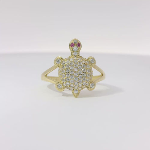 14KT Women's Gold Ring Mini White CZ Stone Turtle Shell with Red CZ Eyes and White Feet Plain Border Plain Split Band