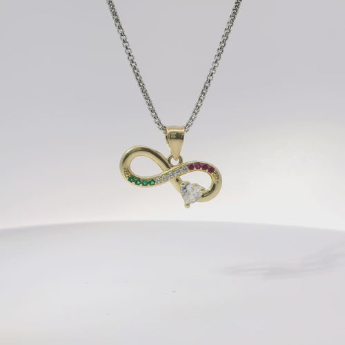 14KT Gold Charm Medium Infinity Loop with Red, White, and Green CZ Stones with White CZ Stone Heart and Plain Bell