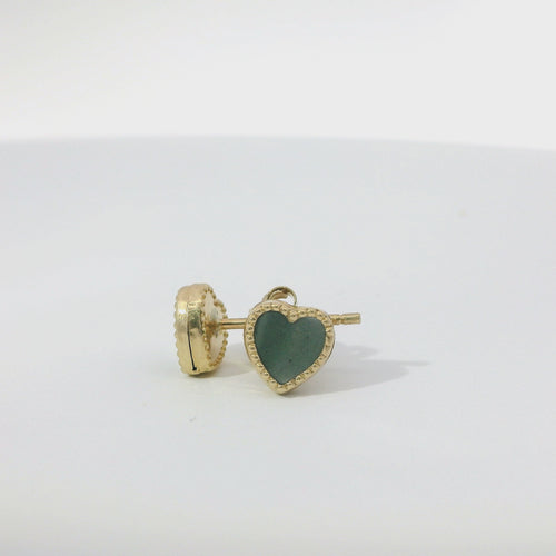 14KT Gold Earrings Extra Small Olive Green Heart with Dotted Border with Push Back Post and Butterfly Backs