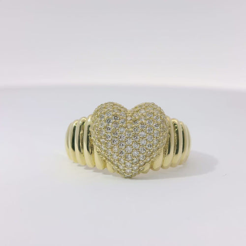 14KT Gold Ring Women's 3D White CZ Stones Center Heart Shape Plain Ribbed Band