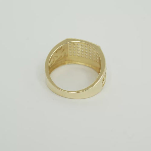 14KT Gold Ring Men's Horizontal Row Rectangle of White CZ Stones Cuban Link Top Lower Border Shank Flat Nugget Plain Border
