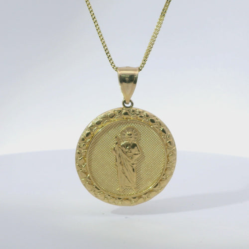 14KT Gold Charm Extra Large Round St Jude Coin Center with Nugget Border and Plain Bell