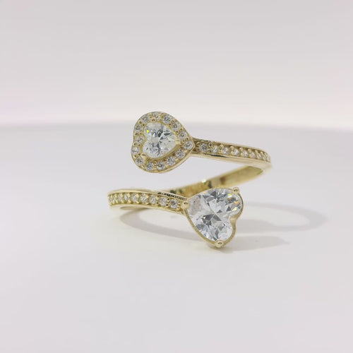 14KT Gold Ring Women's White CZ Stone Heart Bypass Band