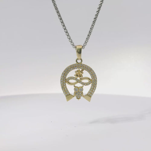 14KT Gold Charm Medium Horseshoe with White CZ Stones Owl, Flower and Infinity Loop Center with Plain Bell