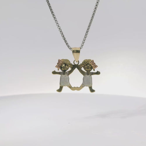 14KT Gold Charm Mini Tri Tone Girl / Girl Twins with Plain Bell