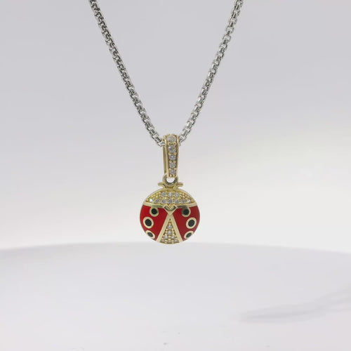 14KT Gold Charm Round Black and Red Enamel Lady Bug with White CZ Stones Body and Bell