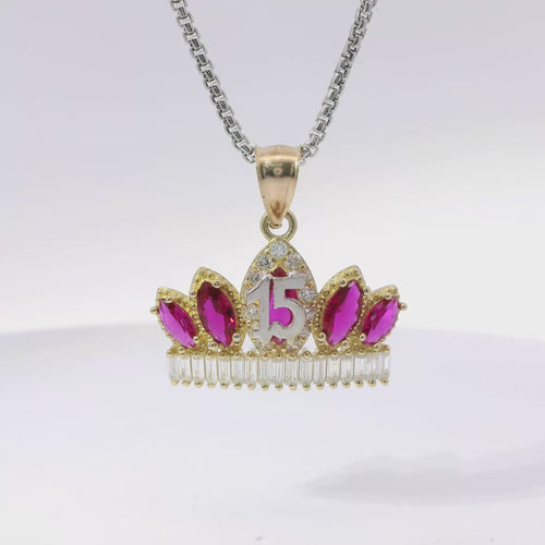 14KT Gold Charm Jumbo Two Tone Quincenaera "15" Center Dark Pink Marquise Crown with White CZ Baguette Stones Band and Plain Bell