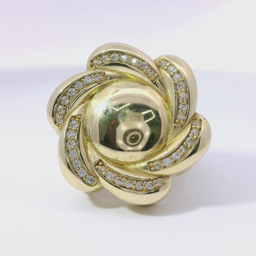 14KT Gold Ring Women's Jumbo Six Petal Pinwheel Flower Plain Center White CZ Stones on Petals with Triple Row White CZ Stones on Edge with Plain Band