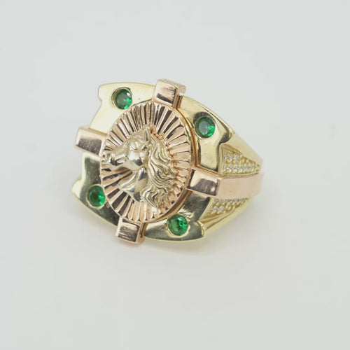 14KT Gold Ring Men's Two Tone Square Shape Oval Horse Head Portrait with Sunray Background and Corner Design One Green CZ Stone Shank Design Double Row White CZ Stone Interlocking Top/Side Cross