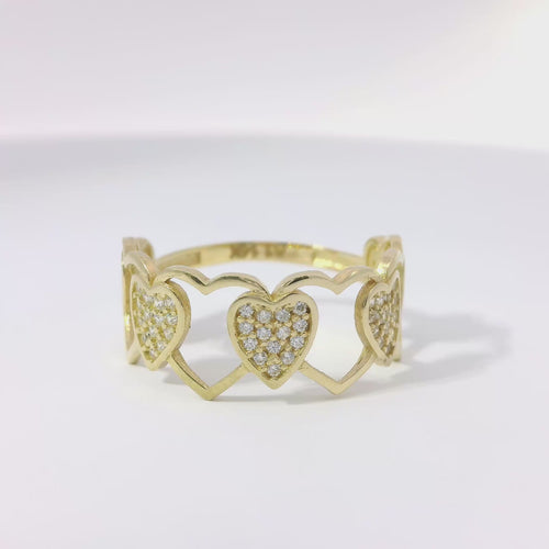 14KT Gold Ring Women's Alternating Open Heart Outline and Mini White CZ Stones Heart Cluster Band