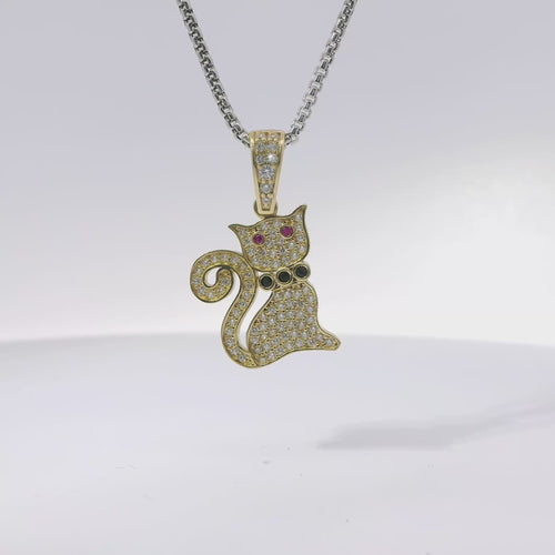 14KT Gold Charm White CZ Stones Cat with Pink CZ Eyes, Black Collar, and White CZ Stones Bell