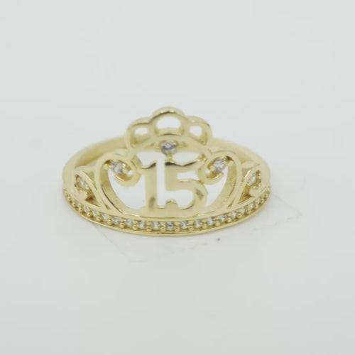 14KT Gold Ring Women's Quinceanera Tiara "15" Five Round White CZ Stones and White CZ Stones Band