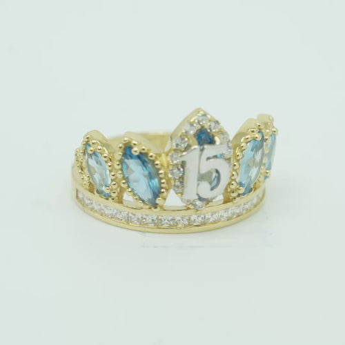 14KT Gold Ring Women's "15" Quinceanera Crown Turquoise CZ Stones with White Square CZ Stones Band Plain Shank