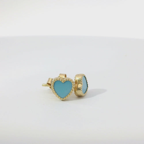 14KT Gold Earrings Extra Small Aqua Blue Heart with Dotted Border with Push Back Post and Butterfly Backs
