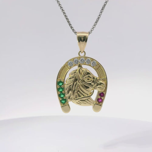 14KT Gold Charm Large Horsehead Center with Red, White, and Green CZ Stones Horseshoe Border and Plain Bell
