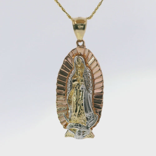 14KT Gold Charm Medium Tri Tone Triangle Oval Virgin Mary with Pleated Edge and Plain Bell