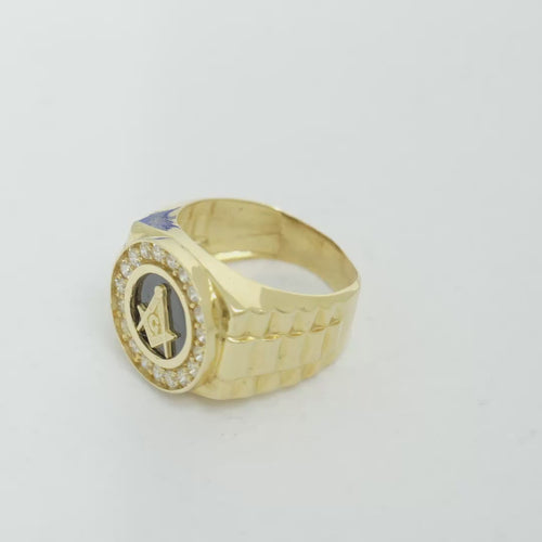 14KT Gold Ring Men's Round Masonic/Onyx with White CZ Stone Border Side Design Jubilee