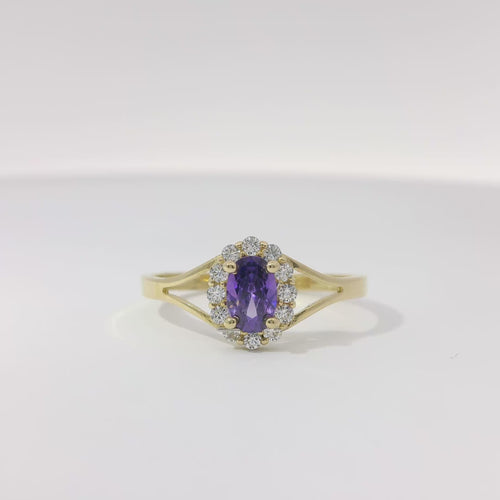 14KT Gold Ring Women's Mini Oval Purple Center CZ Stone with Round White CZ Stones Border and Plain Split Band