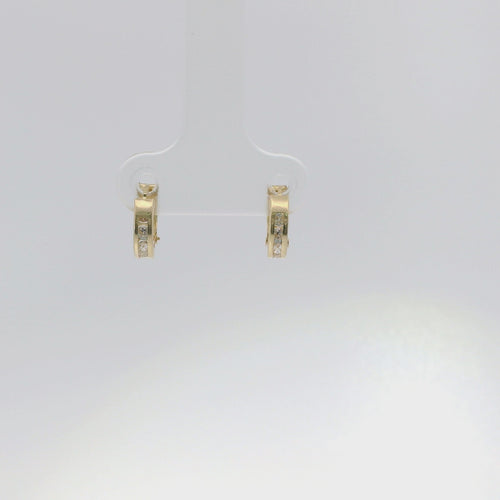 14KT Gold Earring Extra Small White CZ Stones Single Row Hoops with Plain Gold Diamond Cut Scallop Edge on Back Huggie