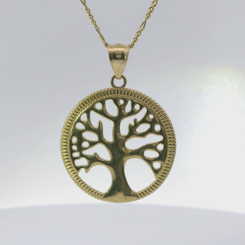 14KT Gold Charm Large Open Round Tree of Life with Currency Edge Border and Plain Bell