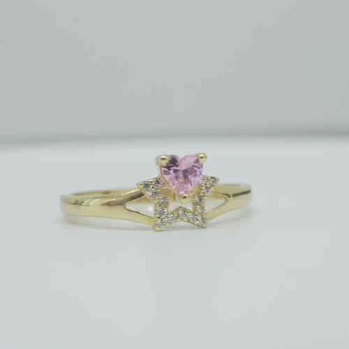 14KT Gold Ring Women's Pink CZ Top Stone with White CZ Stones Border Outline Only Star Shape Plain Split Band