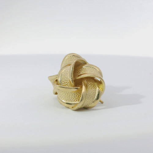 14KT Gold Earrings Medium Four Ribbon Strand Sandblasted Pinwheel Knot with Plain Borders, Push Back Post, and Butterfly Backs