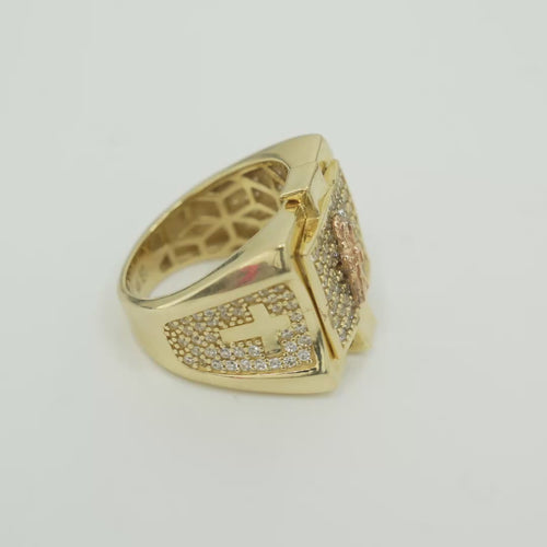 14KT Gold Ring Men's Square Raised Two Tone St. Muerte with Seven Row White CZ Stones Background and Two Tone Cross on Each Side and Pave Style CZ White Stone on Each Side with Pave Background