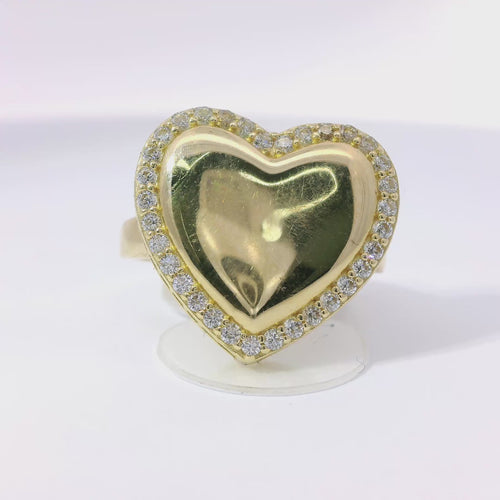 14KT Gold Ring Women's 3D Heart Box Plain Puff Center with White CZ Stones Border and Single Row of White CZ Stones Edge and Plain Band