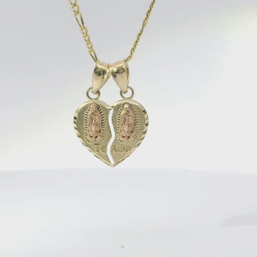 14KT Gold Charm Small Two Tone "Te Amo" Broken Heart with Left Virgin Mary and Right Virgin Mary with Diamond Cut Border and Double Plain Bell