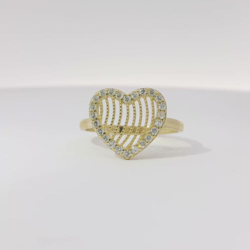 14KT Gold Ring Women's Open Stripe Heart with White CZ Stone Border