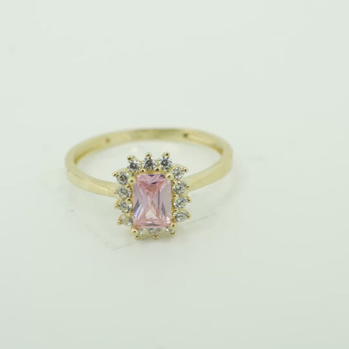 14KT Gold Ring Women's Flower Pink Rectangle Center CZ Stone with White CZ Stone Petal Borders and Plain Band