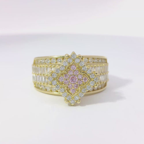 14KT Gold Ring Women's Eight Prong Square Light Pink Clover Cluster CZ Stones with Plain Outline and White CZ Stones Border and Double Row Baguette Band Center with Round White CZ Borders