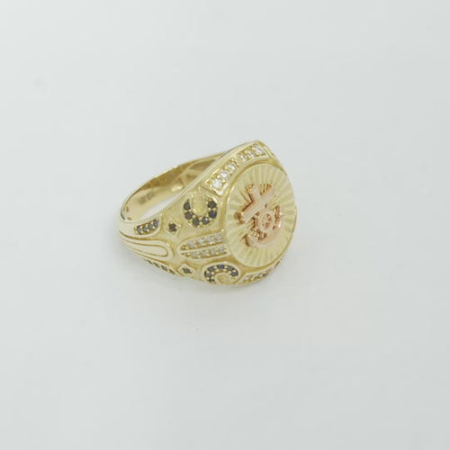 14KT Gold Ring Men's Square Two Tone Anchor/ Round Plain Border with White CZ Stones Border White CZ Stone on Each Corner and U-Shaped White CZ Stones Two Tone Band Border