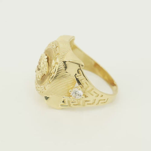 14KT Gold Ring Men's Round Raised Medusa Head with Plain Background Greek Border Band Design Single Round White CZ Stone Cutout with Greek Band Border