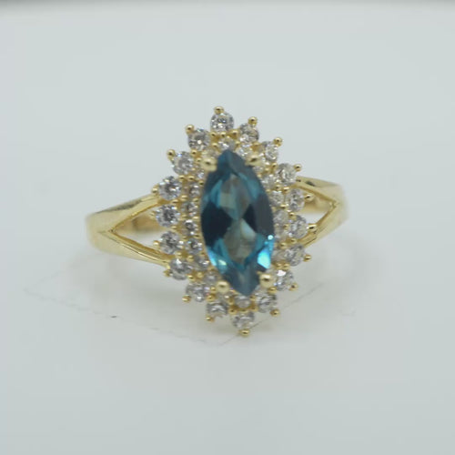 14KT Gold Ring Women's Marquise Turquoise Center CZ with Round Double CZ Border Plain Split Band