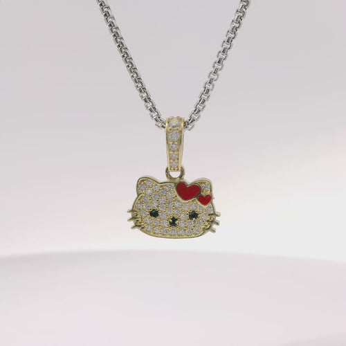 14KT Gold Charm Mini White CZ Stones Hello Kitty Head with Black Eyes and Nose, Two Red Enamel Hearts as Bow, and White CZ Stones Bell